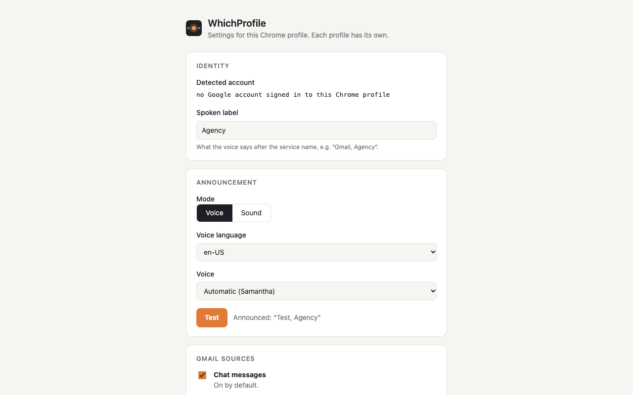 WhichProfile settings page: the spoken label field reads “Agency”, the announcement mode is set to Voice, and a Test button shows “Announced: Test, Agency”.